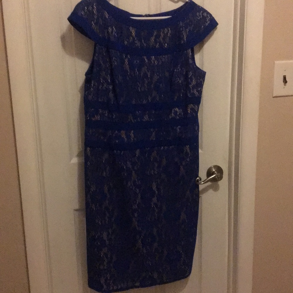 Adrianna Papell Royal Blue lace over nude lining.